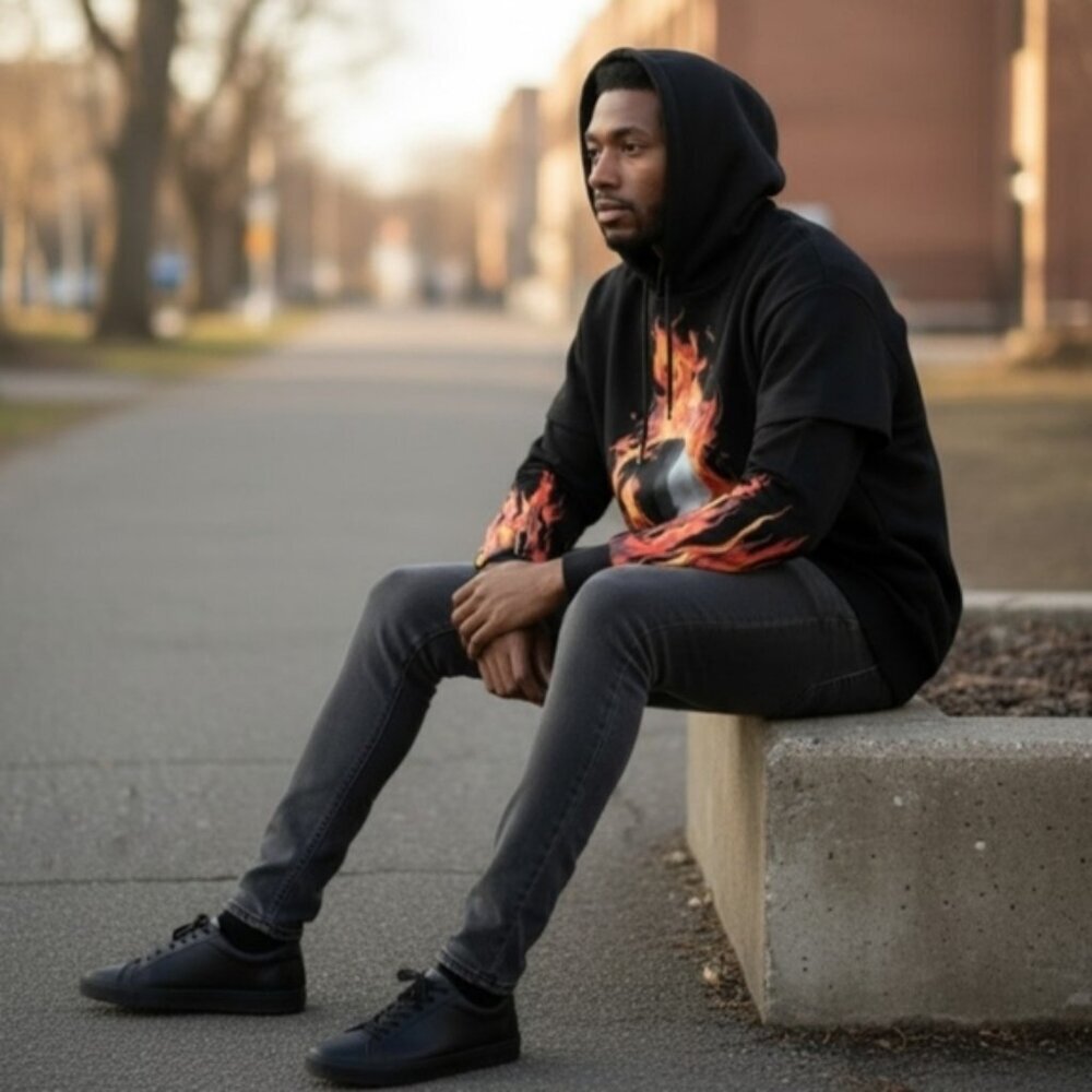 Current Mood ✦ Black Orange Flame Hoodie ✦ Detention Fire Skull Pullover S NWT - Picture 2 of 9
